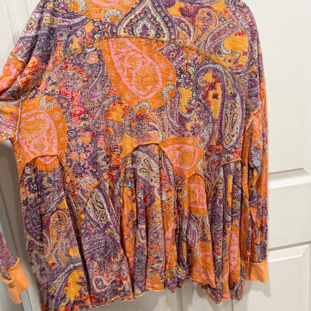 Free People Paisley Print Long Sleeve Peplum Top Orange Pink Multi Color Relaxed - Picture 5 of 6